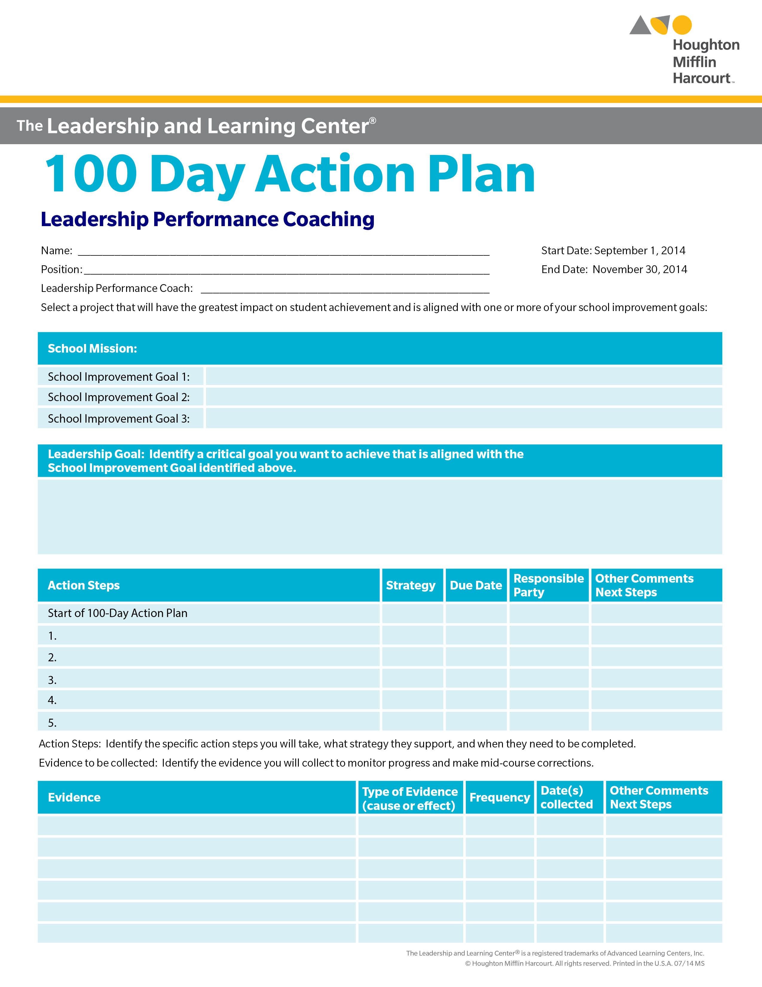 100 Day Plan Template School Improvement 100 Day Action Plan Select A Goal for