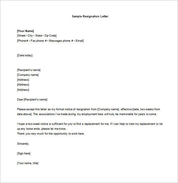 2 Week Notice Template Word 10 Sample Two Week Notice Resignation Letter Templates