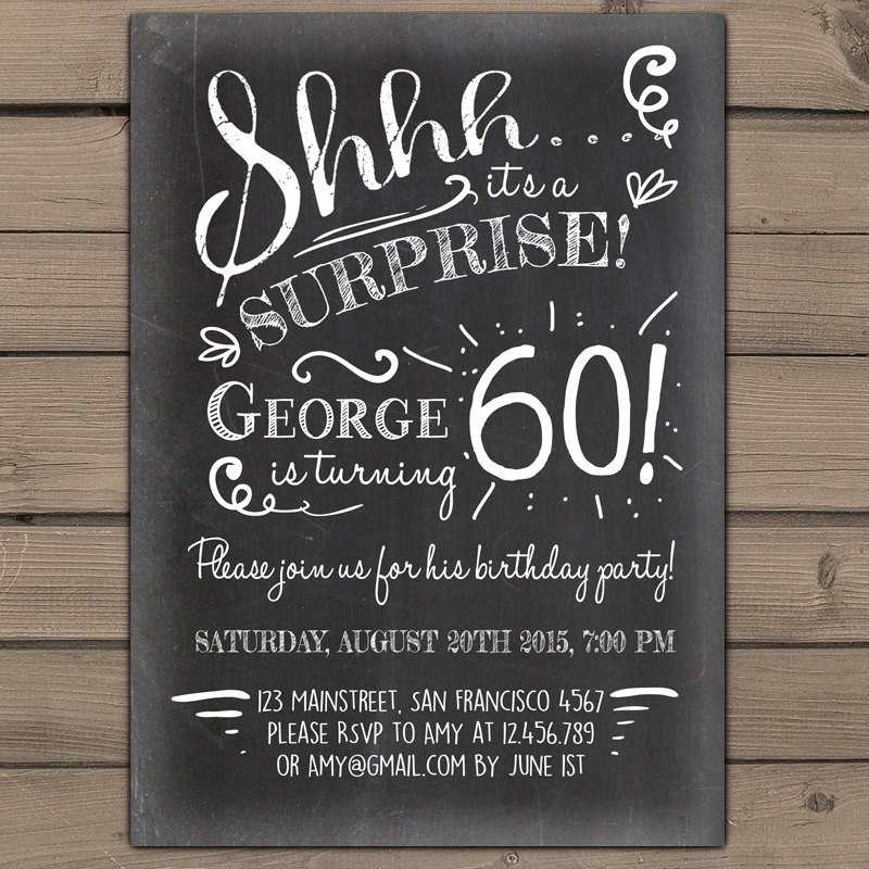 60 Th Birthday Invites Surprise 60th Birthday Invitation Chalkboard Invitation
