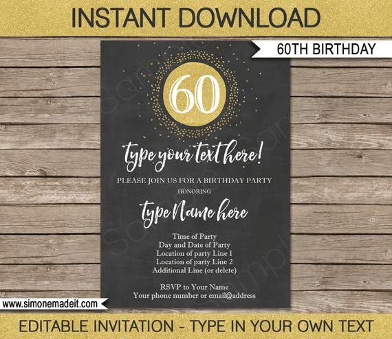 60th Birthday Invitation Template 60th Birthday Invitation Template Chalkboard &amp; Gold