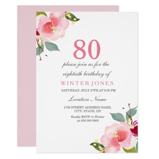 80th Birthday Invitations Templates Free Elegant Pink Floral 80th Birthday Party Invitation