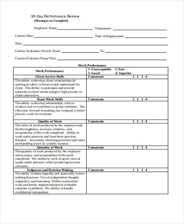 90 Day Performance Review Template 25 Review forms In Word