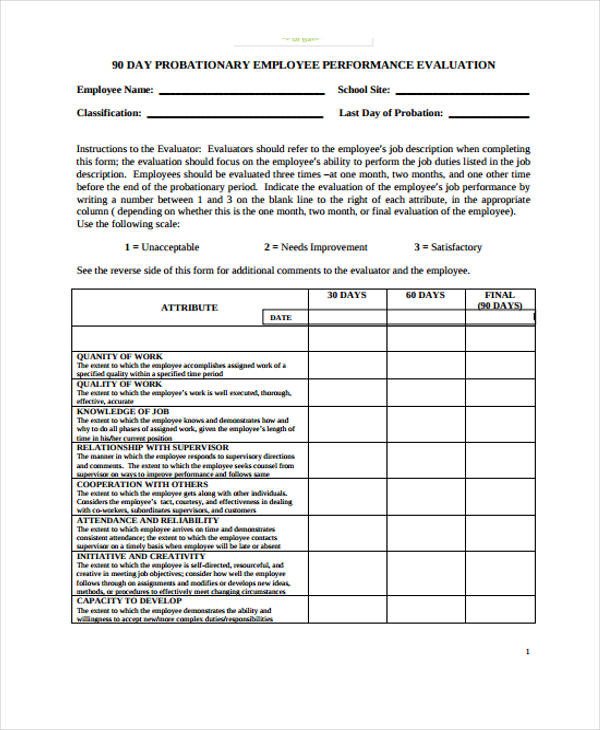 90 Day Performance Review Template Employee Evaluation form