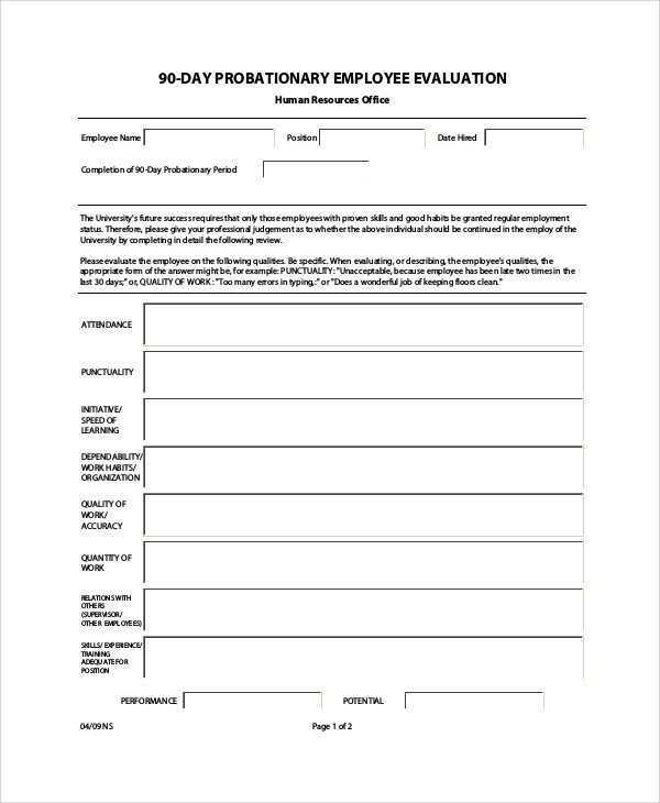 90 Day Review Template Sample Employee Evaluation form In Pdf 9 Examples In Pdf