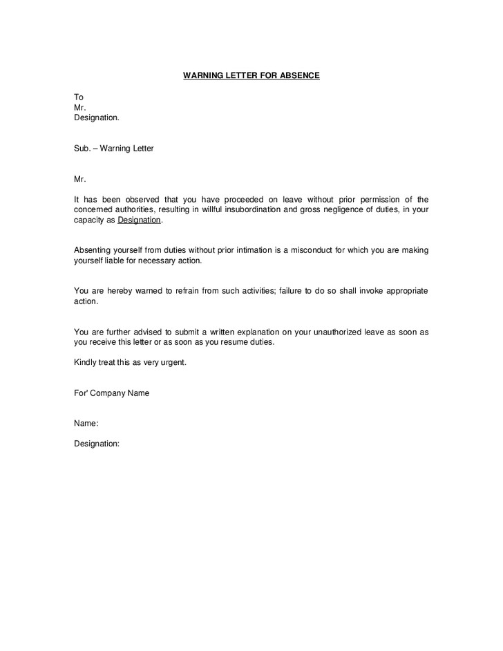 Absence Letter for School Absence without Intimation Warning Letter format