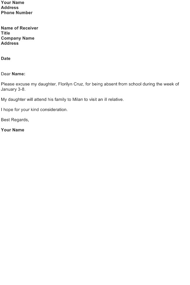 Absence Letter for School Excuse Letter for Being Absent In School Free Download