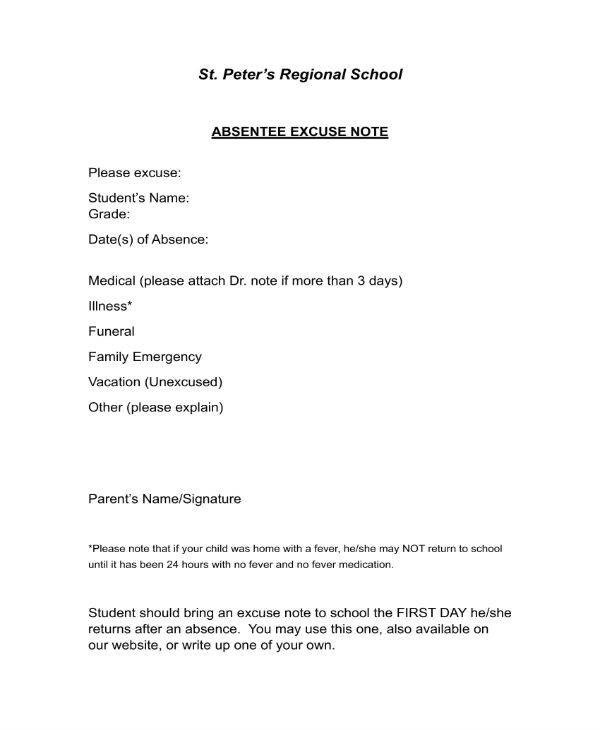 Absence Note for School 11 School Excuse Note Templates Pdf