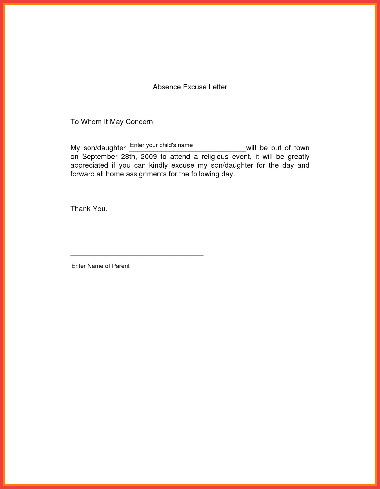 Absent Letters for School School Excuse Letter Sample