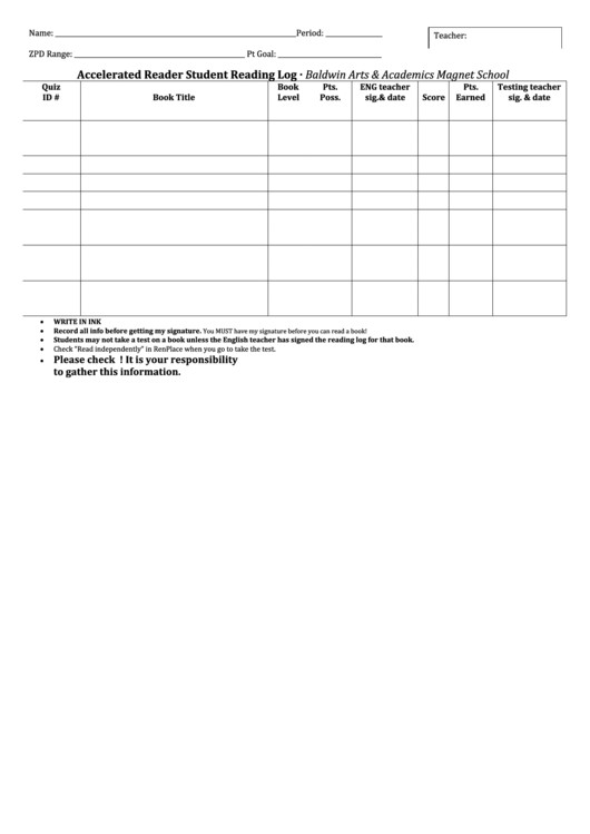 Accelerated Reading Log Accelerated Reader Student Reading Log Printable Pdf
