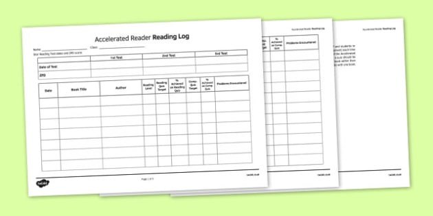 Accelerated Reading Log Log Sheet to Support the Teaching On Accelerated Reader