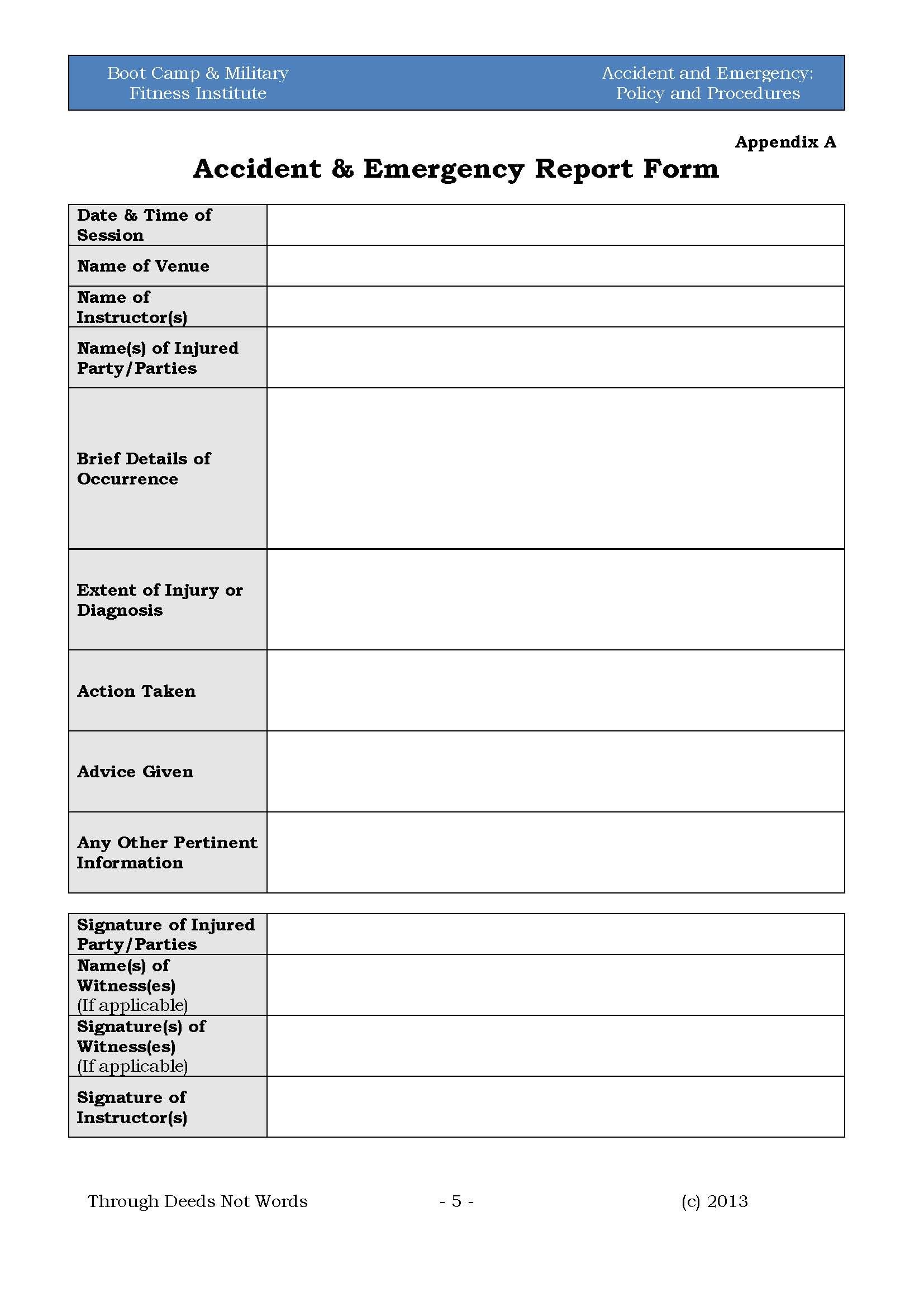 Accident Reporting form Template Accident &amp; Emergency Policy &amp; Procedures – Boot Camp