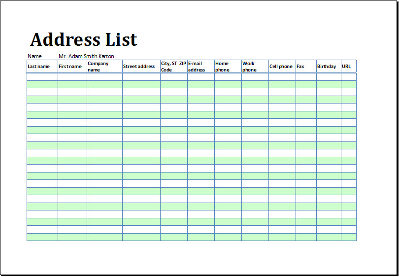 Address Book Template Excel Printable Address List Book Template for Ms Excel