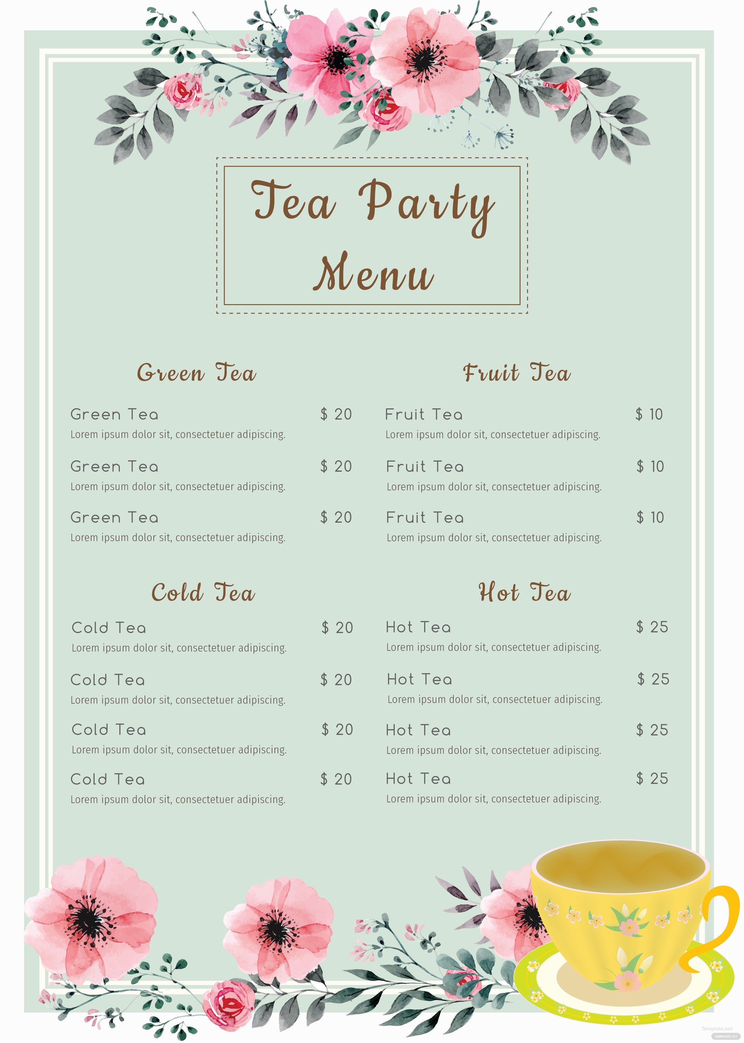 Afternoon Tea Menu Template Free Tea Party Menu Template In Adobe Shop