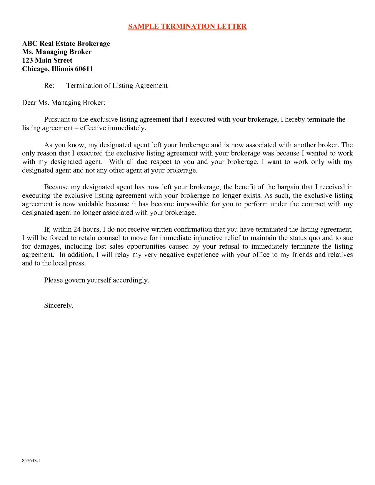 Agent Termination Letter Sample Real Estate Broker Employment Agreement Exclusive 35