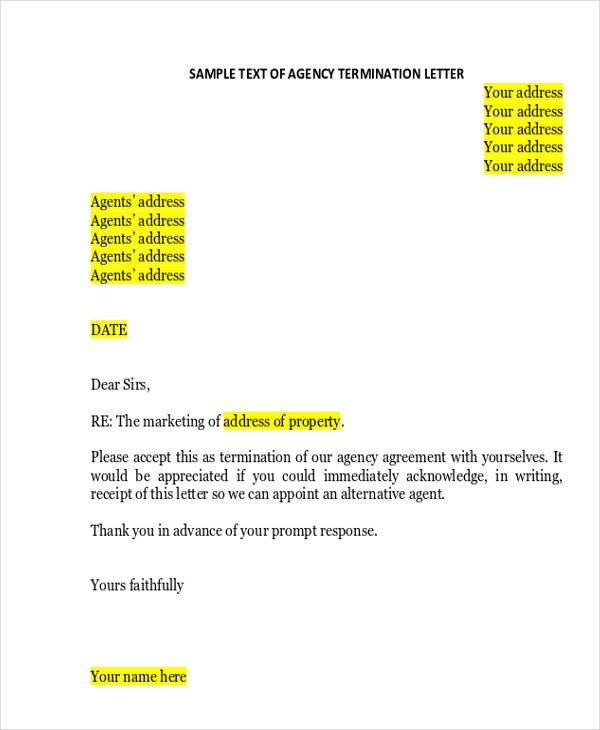 Agent Termination Letter Sample Termination Letter format