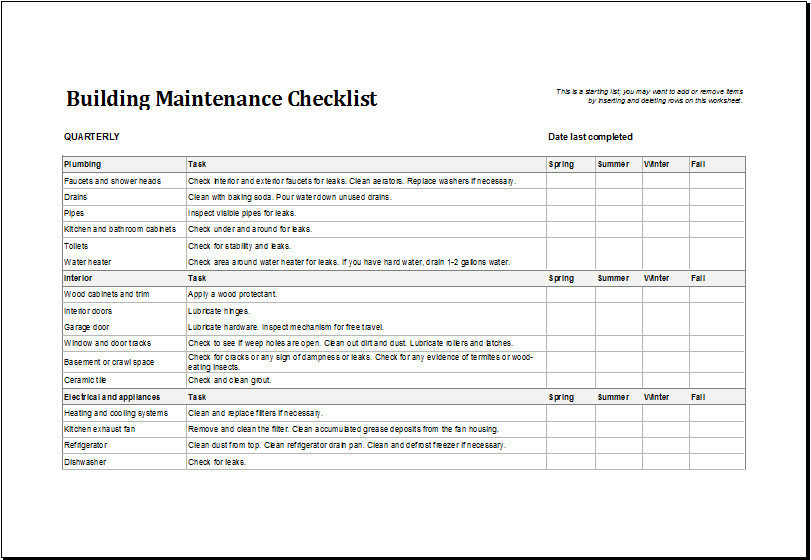 Apartment Maintenance Checklist Template 7 Facility Maintenance Checklist Templates Excel Templates