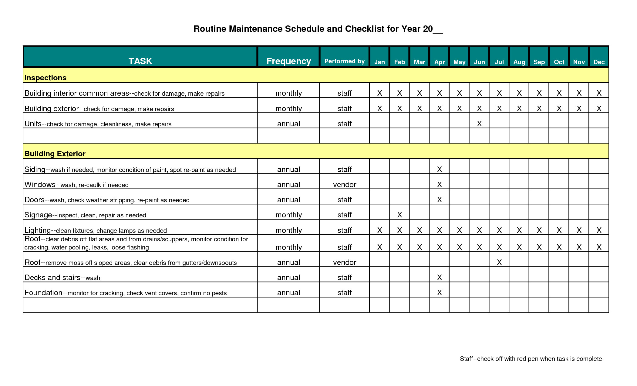 Apartment Maintenance Checklist Template Building Maintenance Schedule Excel Template