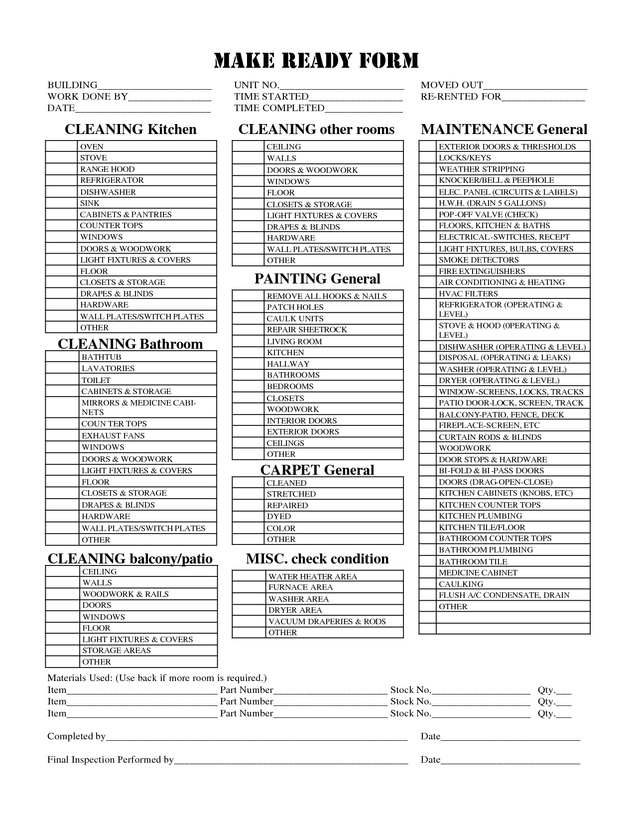 Apartment Maintenance Checklist Template Check List for Apartment Make Ready Google Search