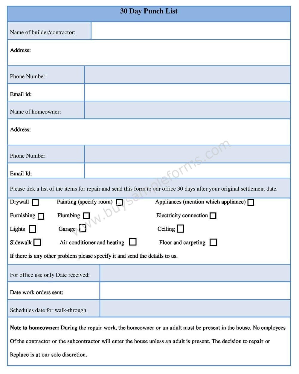 Apartment Punch List Template Download 30 Day Punch List form In Word