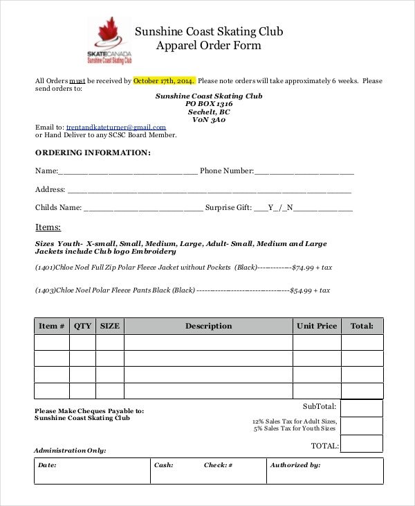 Apparel order form Template 12 Apparel order forms Free Sample Example format