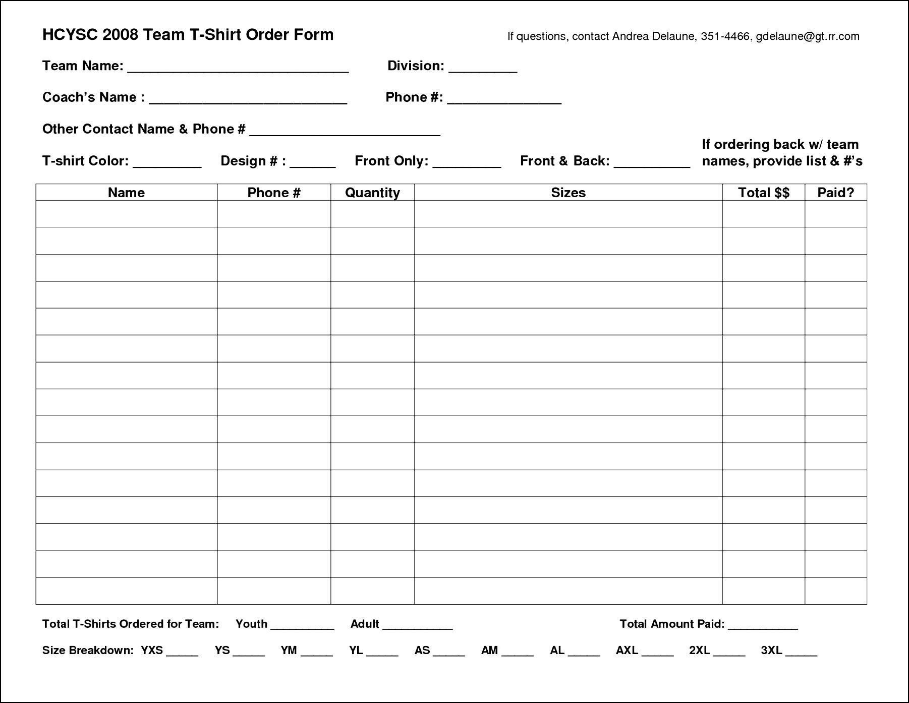 Apparel order form Template Excel Shirt order form Template