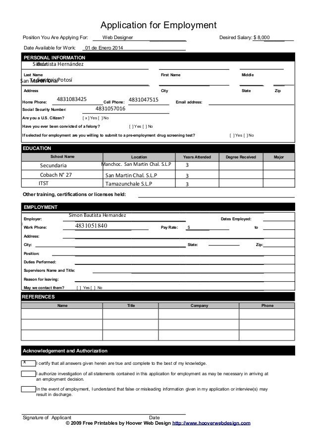 Application for Employment Templates Free Printable Job Application form Template form Generic
