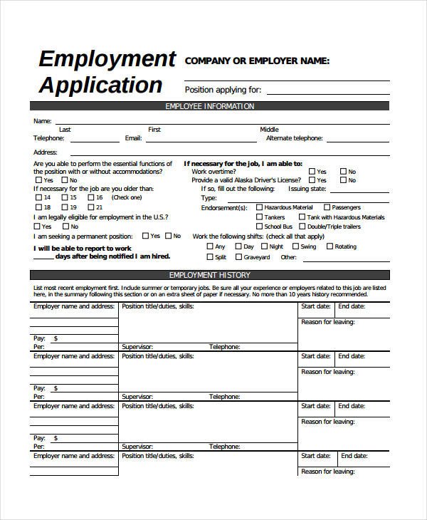 Application for Employment Templates Generic Employment Application Template 8 Free Pdf
