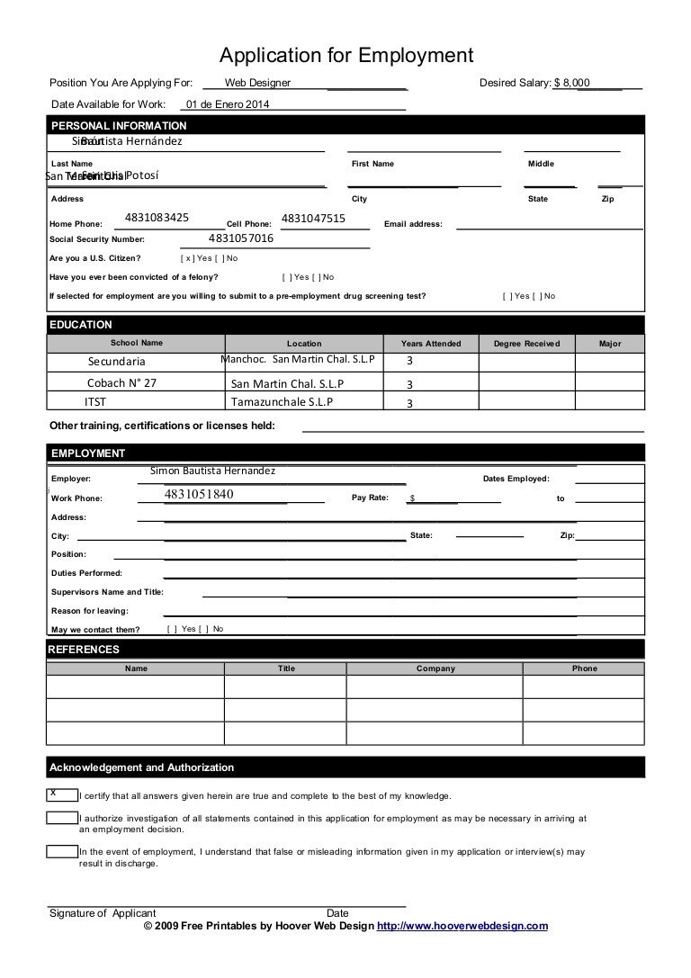 Applications for Employment Templates Sample Employment Application form Template