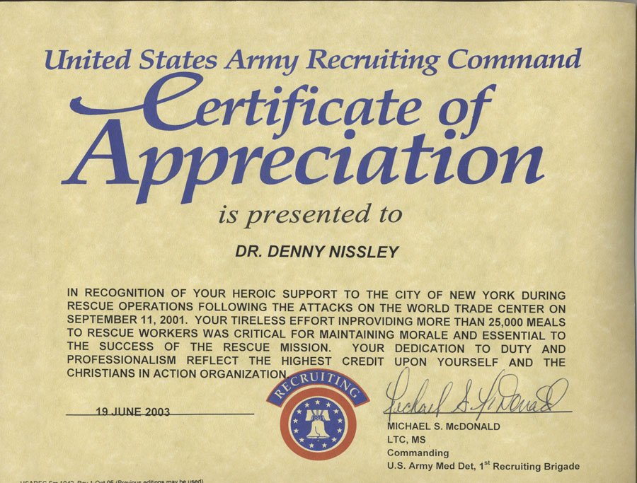 Army Certificate Of Appreciation Bringing Hope to America S Families Christ In Action
