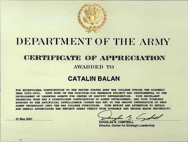 Army Certificate Of Appreciation Learning Agents Center George Mason University