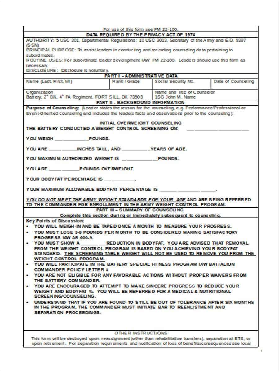 Army Initial Counseling form 34 Counseling form Templates