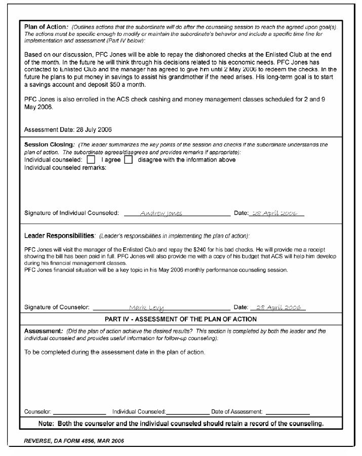Army Initial Counseling form Da form 4856 Financial Counseling Example
