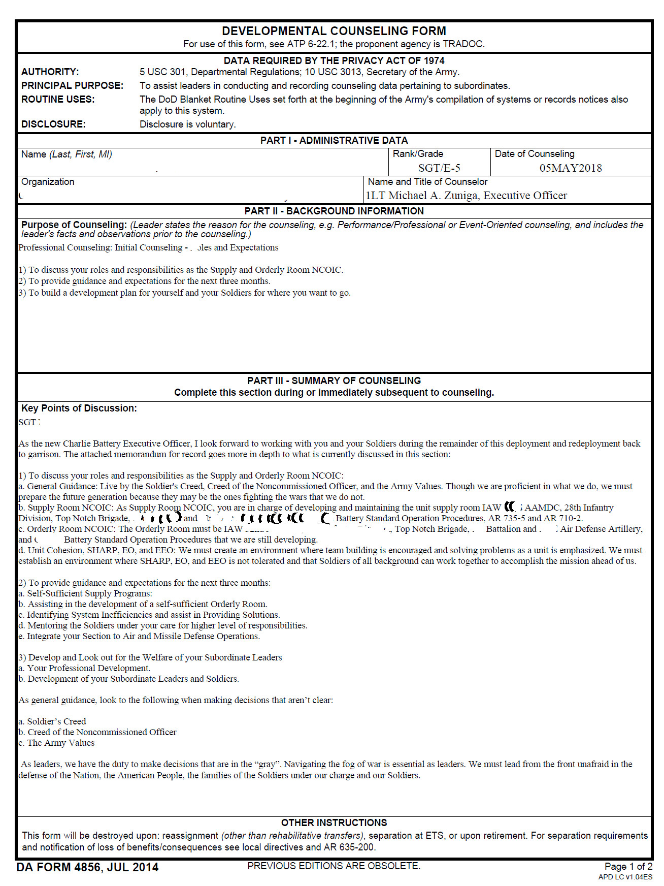 Army Initial Counseling form Initial Counseling 4856 Example