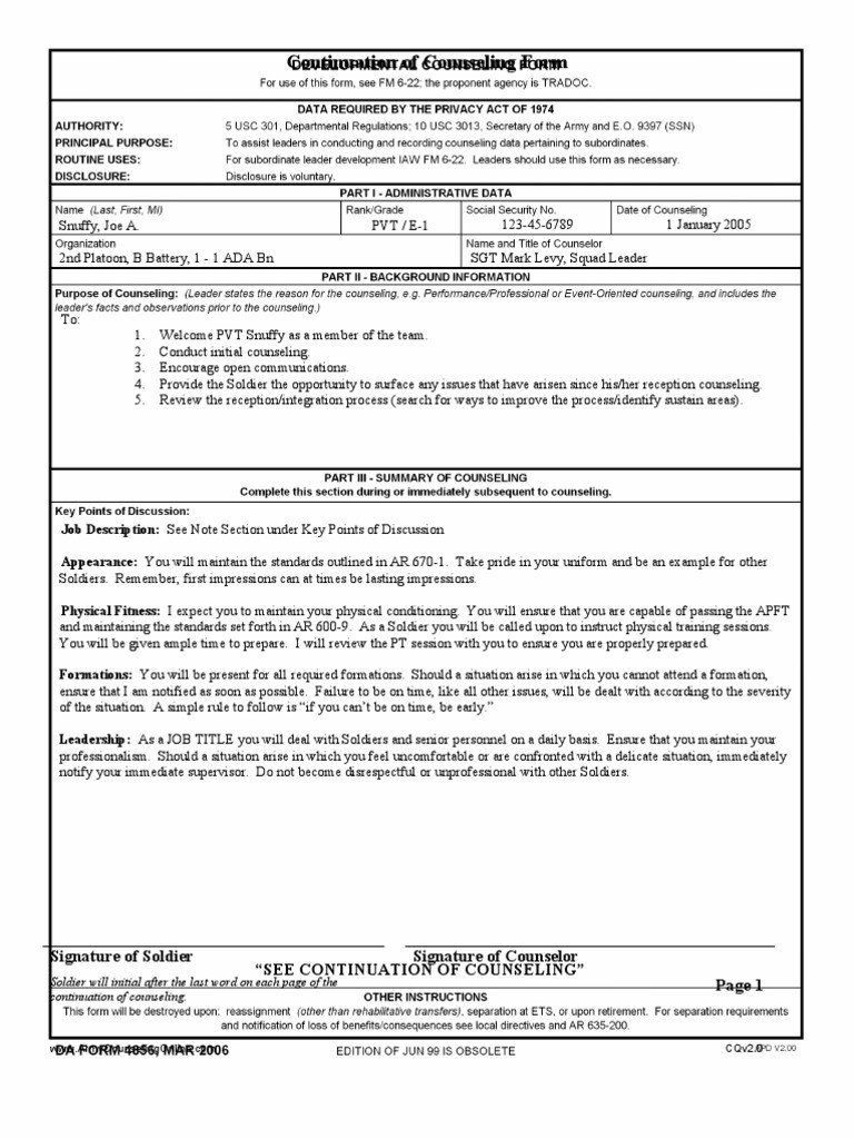 Army Initial Counseling form Initial Counseling Pvt Spc School Counselor