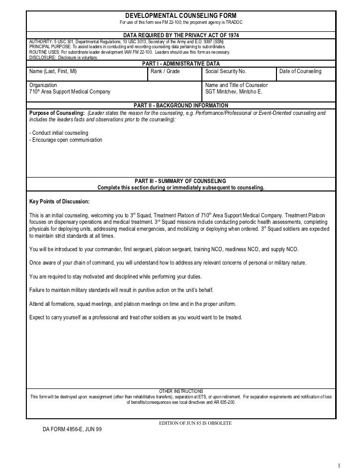 Army Initial Counseling form Initial Counseling Template Subordinate