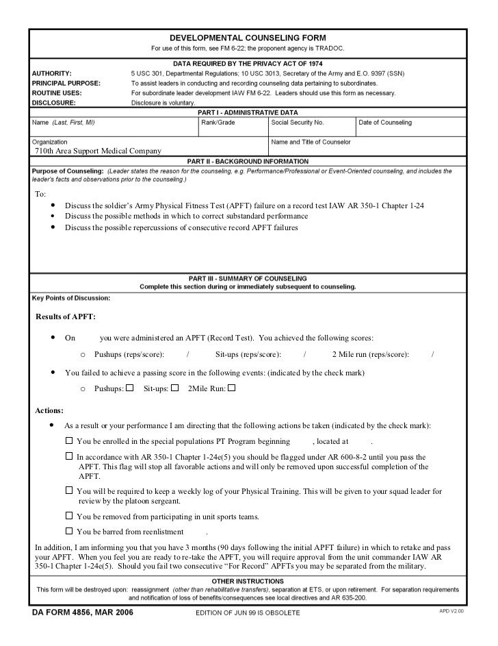 Army Initial Counseling form Record Apft Failure Counseling Template