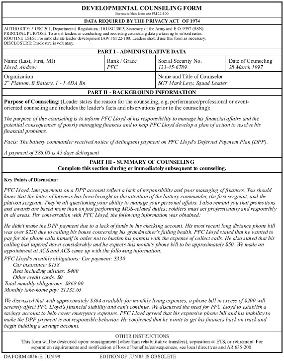 Army Initial Counseling form Template Example for event oriented Counseling