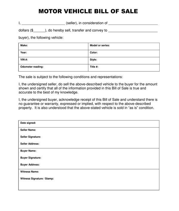 Auto Bill Of Sale Template Free Printable Vehicle Bill Of Sale Template form Generic