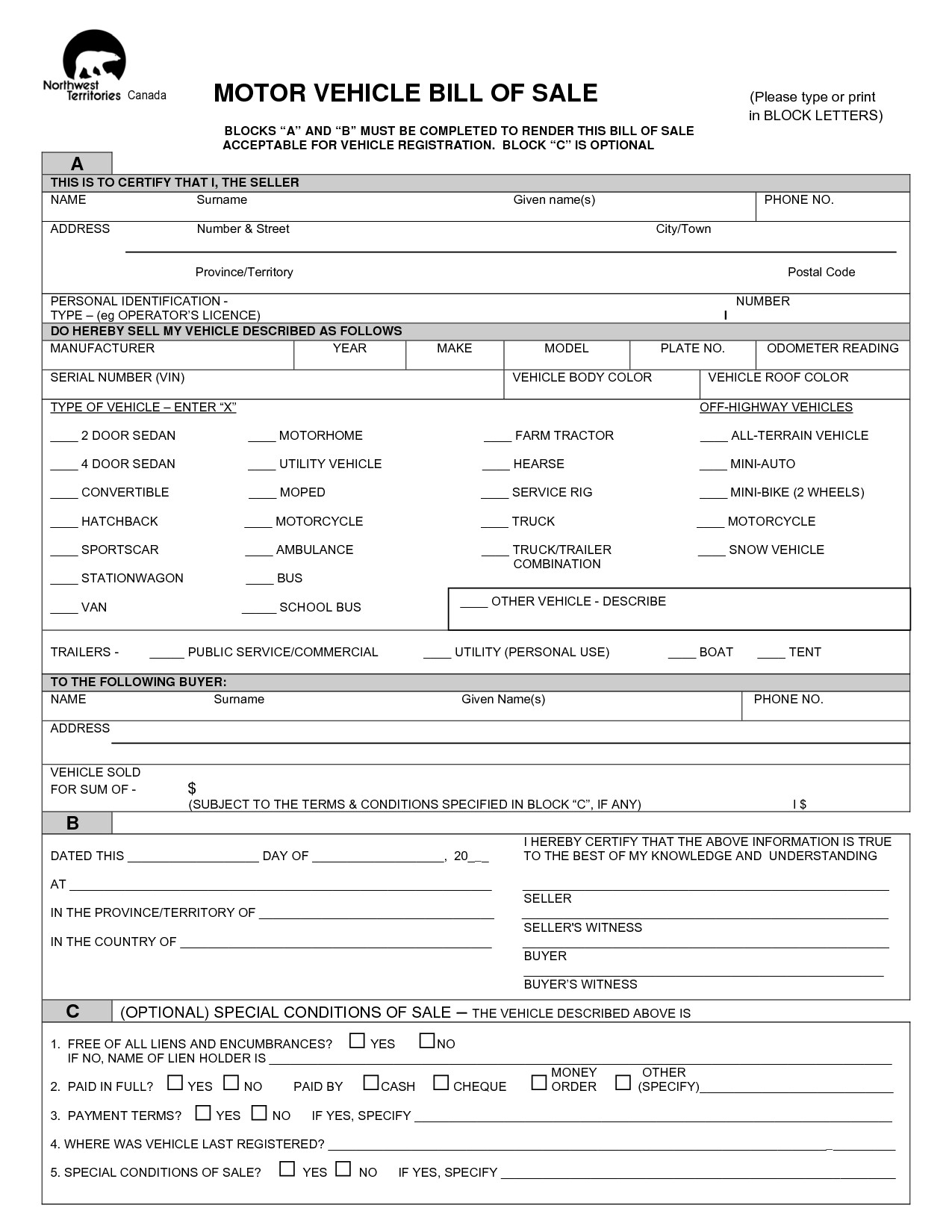 Auto Bill Of Sale Template Free Printable Vehicle Bill Of Sale Template form Generic