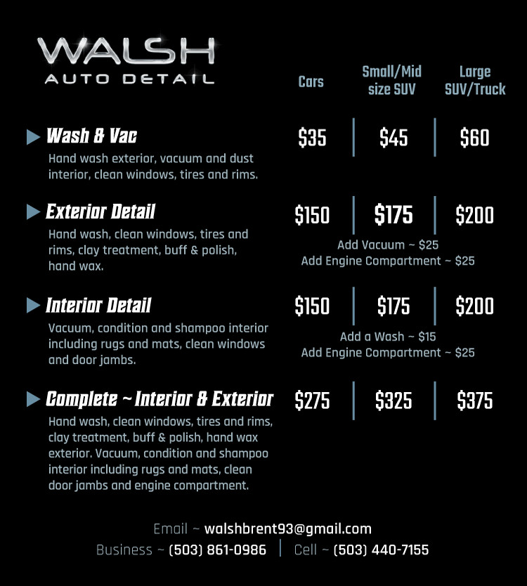 Auto Detail Price List Template Walsh Auto Detail