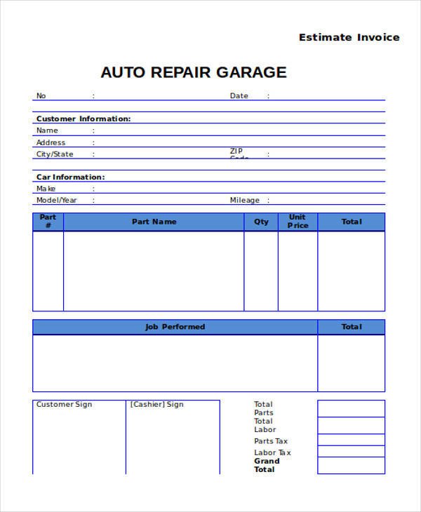 Auto Repair Estimates Templates 9 Auto Repair Invoice Templates Free Word Pdf Excel