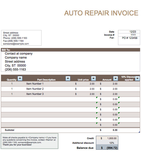 Auto Repair Invoice Template Auto Repair Invoice Template Word