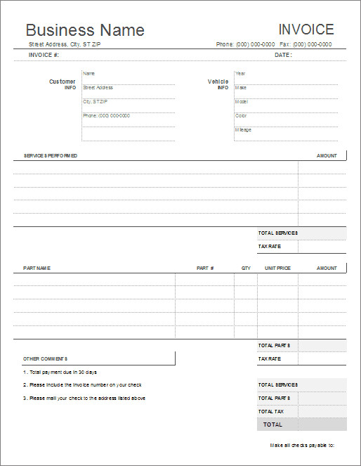 Auto Repair Invoice Templates Auto Repair Invoice Template for Excel