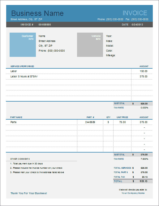 Auto Repair Invoice Templates Auto Repair Invoice Template for Excel
