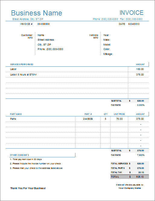 Auto Repair Invoice Templates Auto Repair Invoice Template for Excel