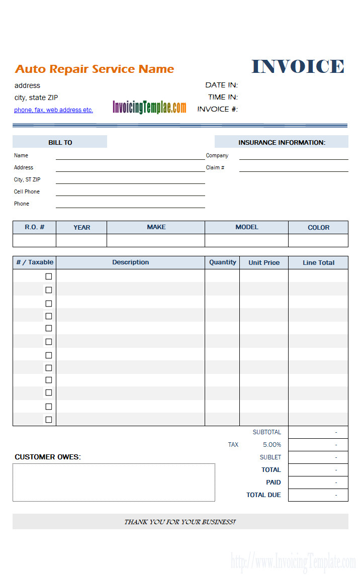 Auto Repair Invoice Templates Auto Repair Invoice Template