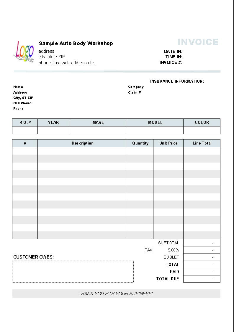 Auto Repair Invoice Templates Automotive Repair Invoice Template Invoice Manager for Excel