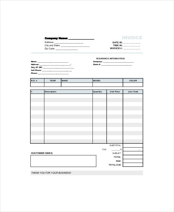 Auto Repair Invoice Templates Repair Invoice Template 12 Free Word Excel Pdf