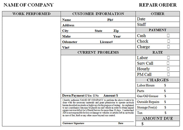 Auto Repair order Template Auto Repair Invoice Template Word