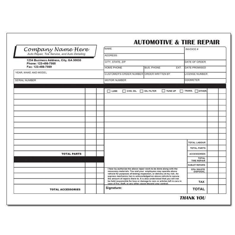Auto Repair order Template Business forms Custom Printing